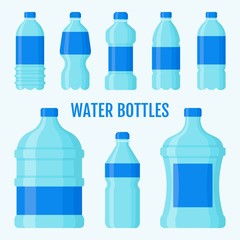 bottles related plastic water bottles in large and small size with caps and labels vectors illustration in flat design,