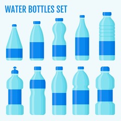 bottles related plastic water bottles in large and small size with caps and labels vectors illustration in flat design,