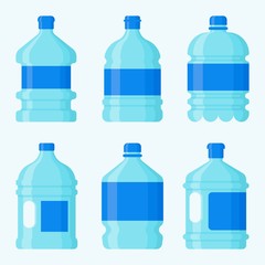 drinking water plastic large size cans fill from water with caps and labels vectors illustration in flat design,