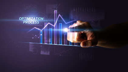 Hand touching OPTIMIZATION PROCESS button, business concept