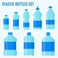 bottles related plastic water bottles in large and small size with caps and labels vectors illustration in flat design,