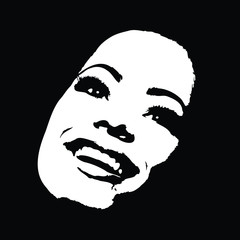 Close up portrait of beauty young woman smiling and looking up carefree. Black and white stylized vector illustration. 