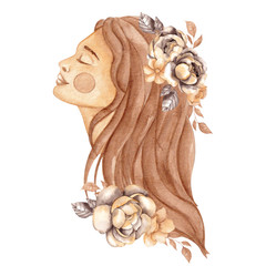 Watercolor illustration with vintage girl, moon and flowers, hand draw element, isolated on white background