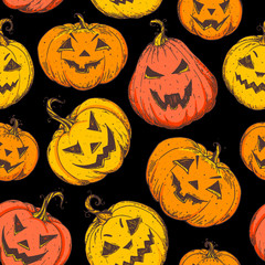 Halloween pumpkin seamless pattern, design template. Hand drawn invitation. Pumpkins illustration. Vector illustration with Halloween symbols. Autumn holidays.