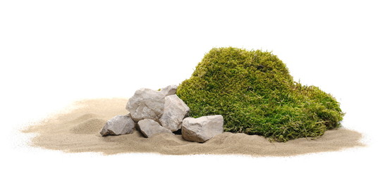 Green moss with sand and decorative stone, rock isolated on white background