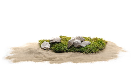 Green moss with sand and decorative stone, rock isolated on white background