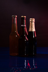 four beer bottles on a black and purple background with reflections on a shiny blue surface
