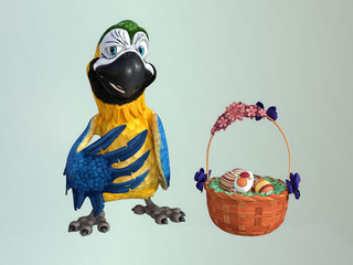Easter scene of parrot bird with Easter eggs in the decorated basket. Pretty, funny cartoon characters isolated on light background for cutting and editing. 3D rendering. 3D illustration.