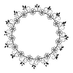 Round flower wreath.Drawing in the style of Doodle.Black and white image .Flower coloring.Round frame of flowers.Suitable for postcards and invitations.Vector