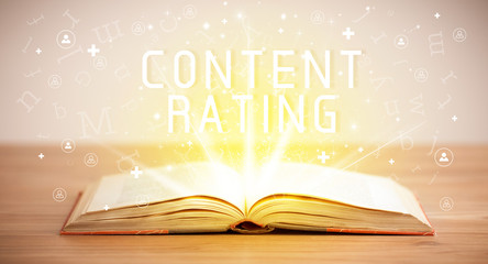 Open book with CONTENT RATING inscription, social media concept