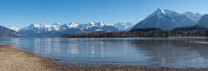 Panorama view to the alps with Eiger, Mönch and Jungfrau on the Lake Thun