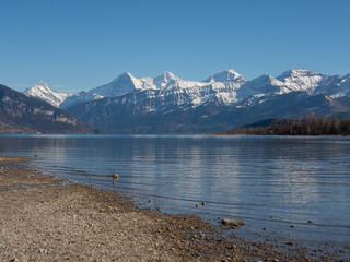 Panorama view to the alps with Eiger, Mönch and Jungfrau on the Lake Thun