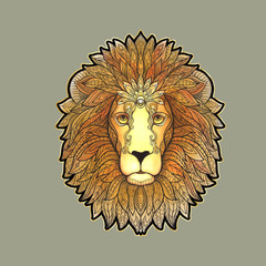 Beautiful lion head patch. Colored vector illustration.