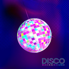 Disco ball. Disco background. Night Club party light element. Bright mirror ball design for disco dance club. Vector.