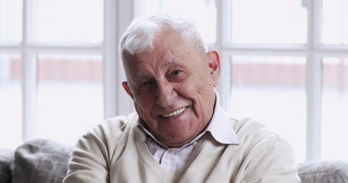 Happy senior man sit on sofa looking at camera, portrait