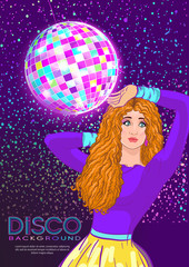 Disco time Party design template with fashion girl, disco ball, light and place for text. Invitation template design for glamour event, thematic wedding, party flyer. Vector illustration.