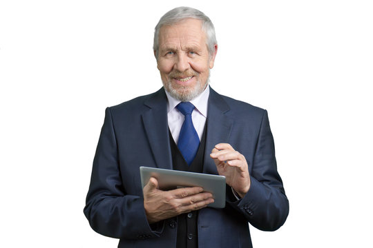 Portrait Of Mature Smiling Man With Tablet. Cherful Man, White Isolated Background.