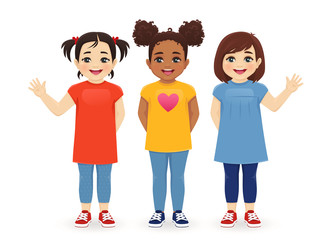 Multiethnic girls friends. Three different female kid faces. Asian, african and caucasian standing isolated vector illustration