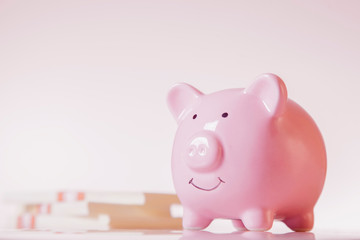 Piggy bank against money backgrouund as symbol of profit and success
