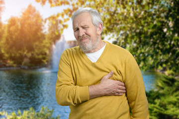 Naklejka na ściany i meble Heart attack in the park near the lake. Old senior man feeling pain in his chest.