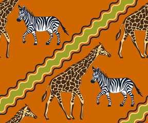 Fototapeta premium Vector background hand drawn exotic wild animals. Hand drawn ink illustration. Modern ornamental decorative background. Vector pattern. Print for textile, cloth, wallpaper, scrapbooking