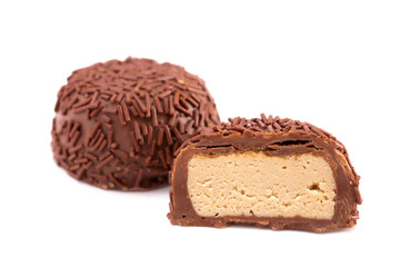 Chocolate Mocha Cream Truffle Cut Open and Isolated on a White Background