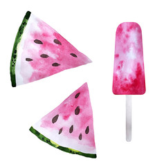 Set of pink watermelon slices and fruit ice pop. Fresh Summer watercolor illustration. Summer, harvest, vegetables and fruits.