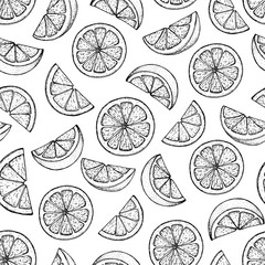 Orange hand drawn illustration. Lemon seamless pattern. Sketch vector illustration. Can used for packaging design. Orange citrus food.