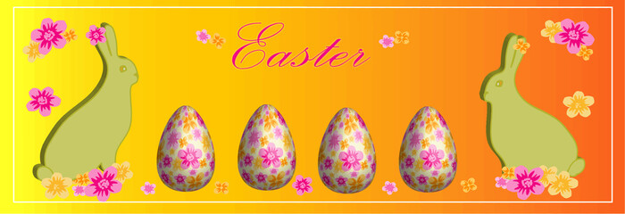 Print. Easter eggs. Happy easter illustration. Multi-colored 3D eggs with hares on an orange background, easter background. Easter background. Multi-colored flowers. Rabbit. Banner. Place for text.