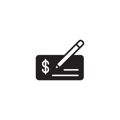 Vector illustration of bank check with golden pen and signature. Cheque icon. Money check vector icon, invoice symbol. 