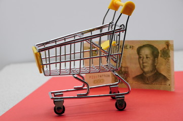empty basket without food and one Chinese yuan