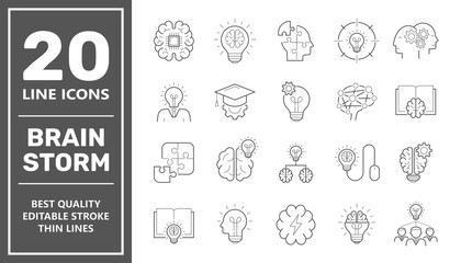 Brainstorming line icons set. Set of brainstorm icons such as Artificial light, brain, lightbulb, creativity, brainstorming, brain, creativity, novel idea, brainstorm. Editable Stroke. EPS 10.