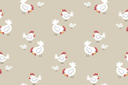 Easter chicken pattern, spring hen and chicken bird holiday seamless pattern