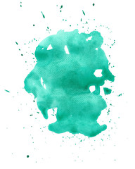 Watercolor green emerald abstract splash on white background. Hand drawing illustration on watercolor paper can be used in greeting cards, posters, flyers, banners, logo, further design etc.