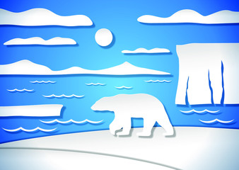arctic paper cut illustration witn an animal polar bear on ice floe