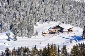 Areal view of Courchevel ski resort village in winter with forest and chalet in background 
