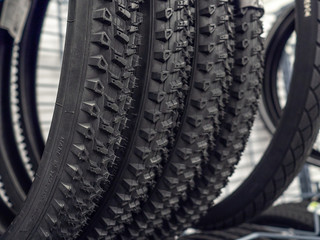 New bicycle tires close up in the sports store