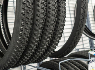 New bicycle tires close up in the sports store