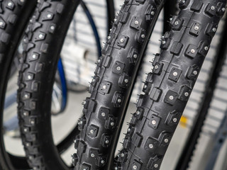 New bicycle tires close up in the sports store