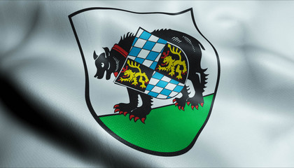 3D Waving Germany City Coat of Arms Flag of Barnau Closeup View