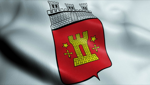 3D Waving Germany City Coat of Arms Flag of Bitburg Closeup View