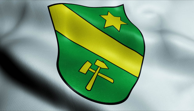 3D Waving Germany City Coat of Arms Flag of Bexbach Closeup View