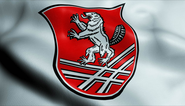 3D Waving Germany City Coat of Arms Flag of Bebra Closeup View