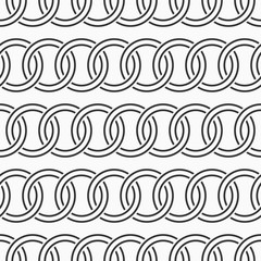 Abstract seamless circles chain pattern. Decorative geometric interlaced horizontal lines. Repeating round shapes. Vector monochrome background.