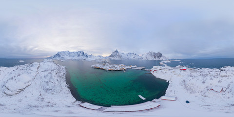 360 panorama by 180 degrees angle seamless panorama of aerial view of white snow mountain in...