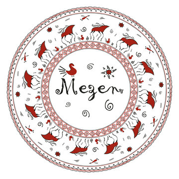 Round ornament in the style of mezensky painting. Horses and deer. Vector design for plates, napkins, wrappers, textiles, wallpaper.