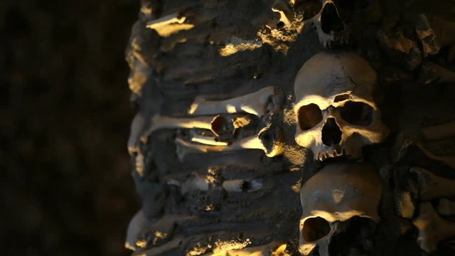 Chapel of Bones, skeletons, skulls, church, tilt up, close up, Evora, Portugal