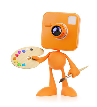 Cartoon Photographer-Artist. Bizarre cameraman as a funny personage holding in his hands an artist's painting palette and paintbrush. 3D-rendering graphics on the theme of Creative Occupations.