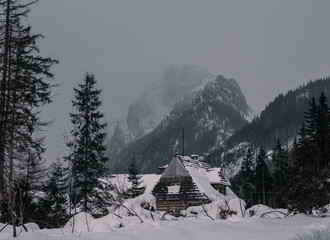 Fototapeta premium Traditional wooden houses in the background of the winter mountains in the ski resort of Zakopane, Koscielisko, Poland