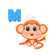 cute illustration of a cartoon cute monkey with yellow banana vector icon, letter M, mascot, african animal, cub, big eyes, furry tail eps 10 print for t-shirt, abc for kids, alphabet